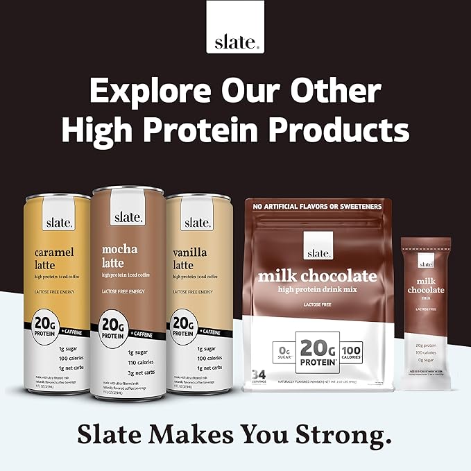 Slate Milk - High Protein Milk Shake - French Vanilla - Lactose Free, 20g Protein, 1g Sugar, 100 Calories, 1g Net Carbs, No Added Sugar - Natural, Breakfast Boost, Post Workout - 11 fl oz, 48 Cans