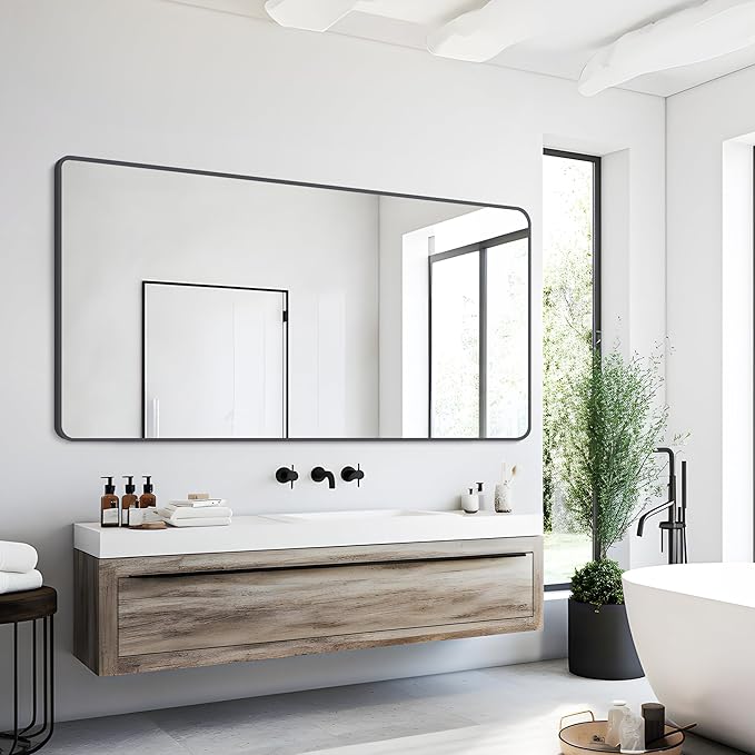 30" x 60"Bathroom Mirror, Matte Black Wall Mirror with Metal Frame, Decorative Rectangular Vanity Mirror for Bedroom Bathroom Living Room Entryway (Horizontal)