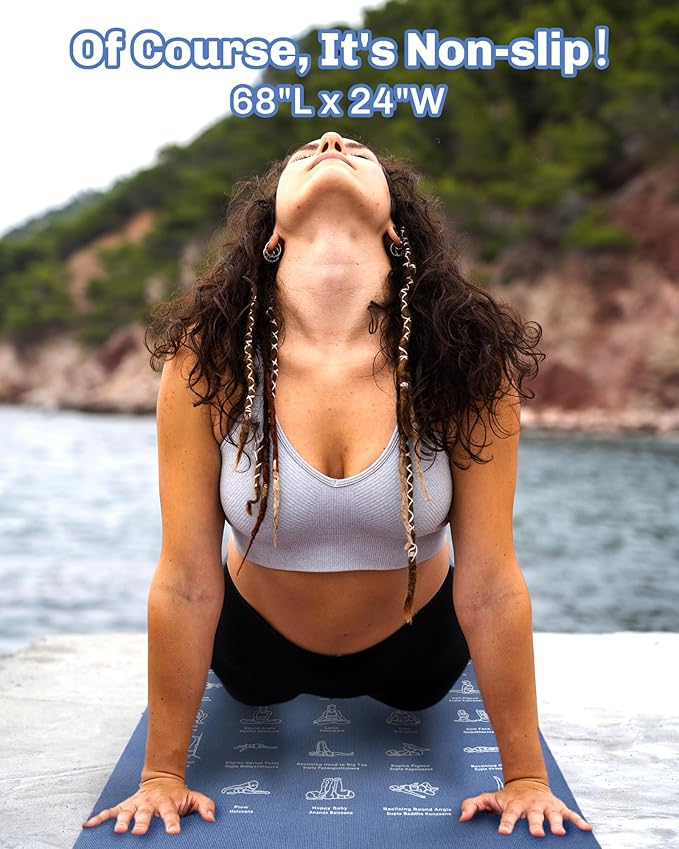 Instructional Travel Yoga Mat with 75 Poses & Exercises - Non-slip Exercise Mat for Home Workout, Includes Carrying Bag - Perfect for Beginners, 68"x24"x0.25"