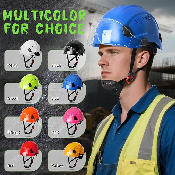 AOLAMEGS Construction Blue Hard Hats - Adjustable Vented Hard Hat with Visor for Men Women ABS Safety Helmet 6-Point Suspension Work Safety Helmet for Outdoor Height Industrial (with Clear Visor)