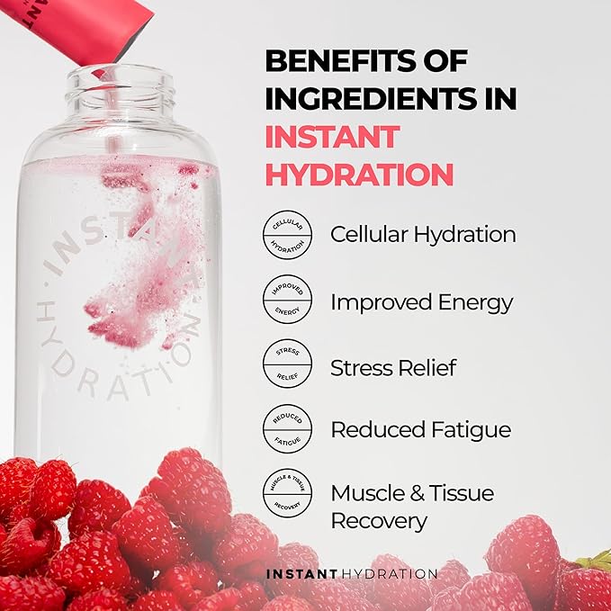 Instant Hydration Electrolytes Powder Packets - Raspberry Electrolyte Drink Mix - Zero Sugar - Keto, Vegan, Gluten-Free, Non-GMO - Boost Recovery, Brain Health, Muscle & Tissue Support- 30 Sticks