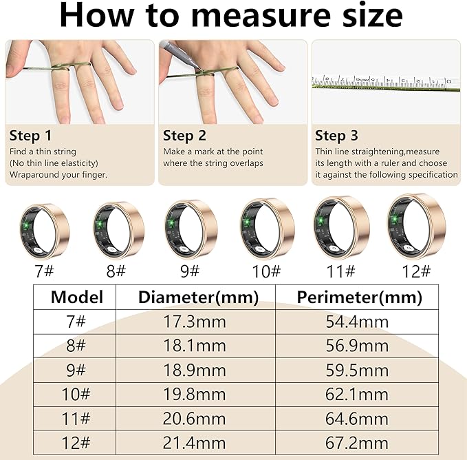 Thin Smart Ring for Fitness & Health Tracking -Pedometer,Sleep/Heart Rate/Blood Oxygen Monitor, Gesture Control / 5ATM Waterproof -No APP Subscription Compatible with Android& iOS (Rose Gold, 12)