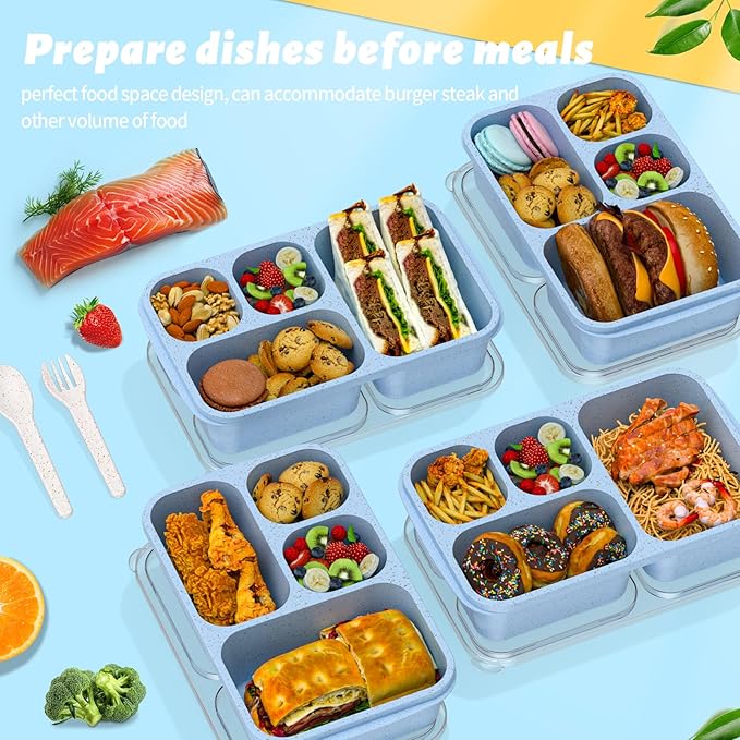 Large Capacity Bento Box for Adults, 4-Piece Set – Stackable Lunch Box with 4 Compartments, Microwave & Dishwasher Safe, Reusable Meal Prep Containers, Snack Containers for Kids & Adults (Blue)