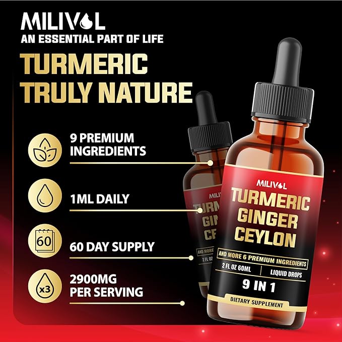 9in1 Liquid Turmeric Curcumin with Ginger, Berberine, Ceylon, Garlic, Black Pepper for Joint Support - 2FL Oz - 60 Servings