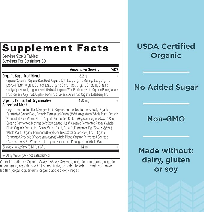 Ancient Nutrition Super Greens with Probiotics, Organic Superfood Tablets Made from Spirulina, Chlorella, Moringa, and a Resilient Probiotic, 30 Servings, 90 Count