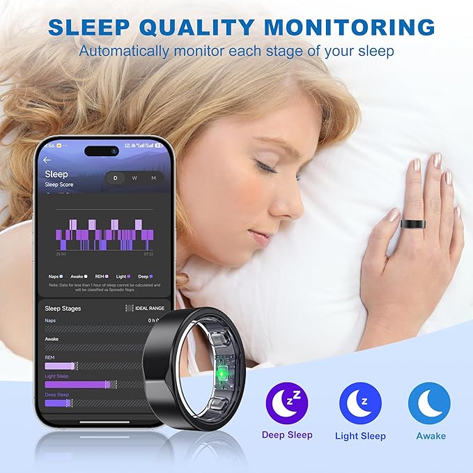 Smart Ring for Women Men - Titanium Health Fitness Tracker Ring with Heart Rate, Step Counting, Calories, Sleep & Stress Monitor for iPhone and Android, No Subscription Fee (Black, 13)