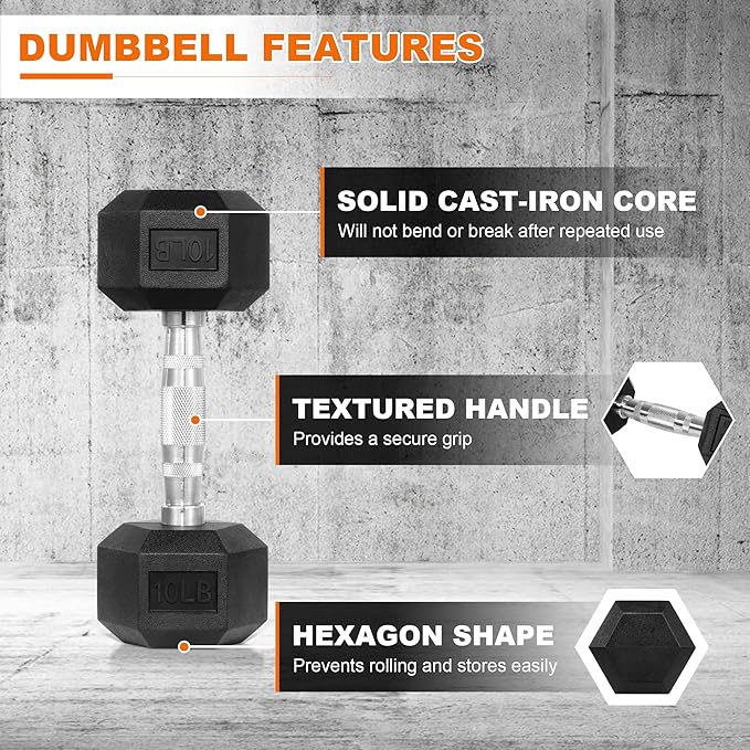 Rubber Encased Hex Dumbbell, Hand Weights with Anti-Slip Cast Iron Grip for Exercise & Fitness, Weights Dumbbells Set of 2 for Strength Training, 5-50 LBS Pair