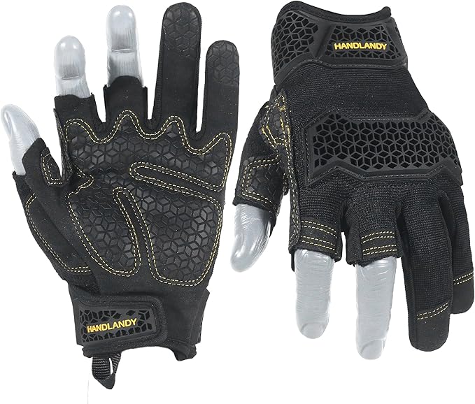 HANDLANDY Fingerless Framer Work Gloves for Men, Utility Grip Paded Gloves for Tactical Shooting Airsoft Hunting Driving (Black- 3 Fingerless, Medium (Pack of 1))