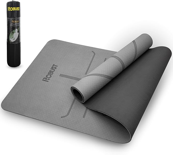 Robust Non-Slip Yoga Mat with Strap, 1/4" Thick TPE Eco-Friendly Workout Mat for Yoga with Position Lines and Texture Surface, Gym Mat for Women, Men, Pilates and Exercises Anti-Tear Sweat-Proof Exercise Mat