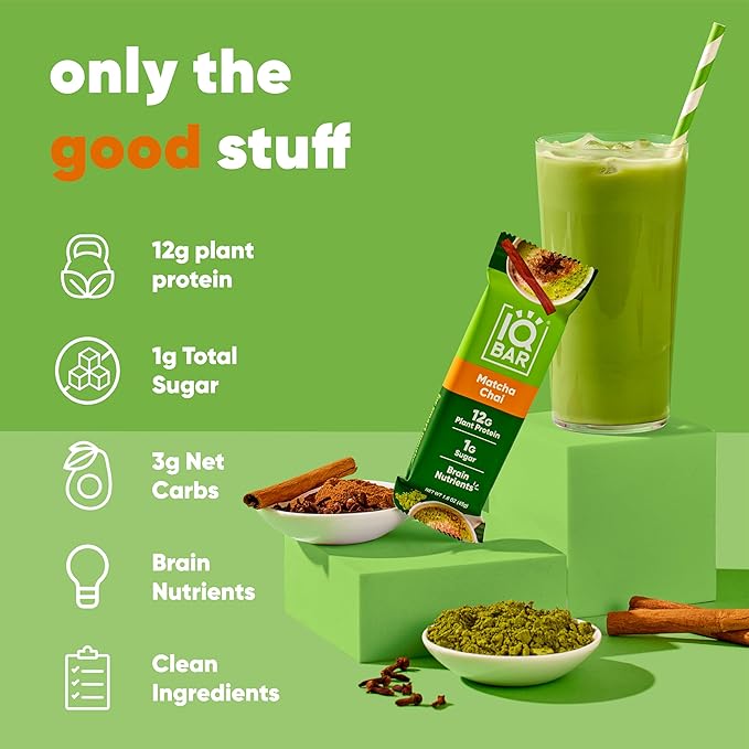 IQBAR Brain and Body Plant Protein Bars - Matcha Chai - 24-Count Low Carb - Gluten Free, High Fiber, Vegan Snacks - Low Sugar Meal Replacement