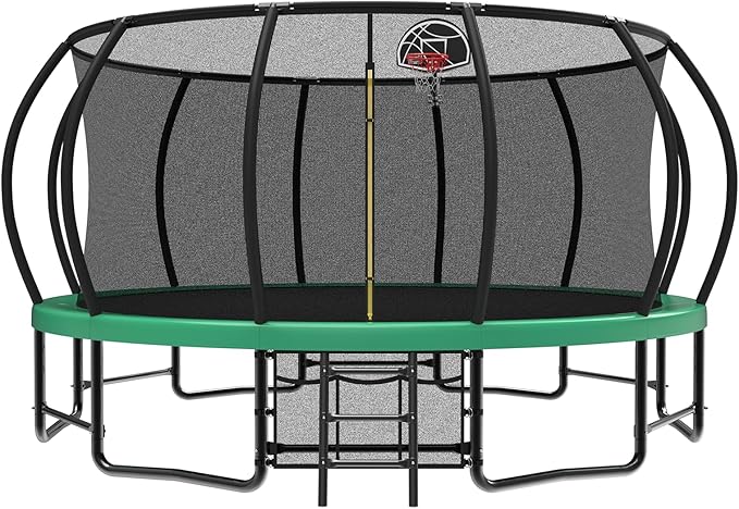10 12 14 15 16FT Outdoor Trampolines for Kids and Adults, Pumpkin Trampoline with Curved Poles, Recreational Trampoline with Basketball Hoop and Safety Enclosure Net for Kids and Adults