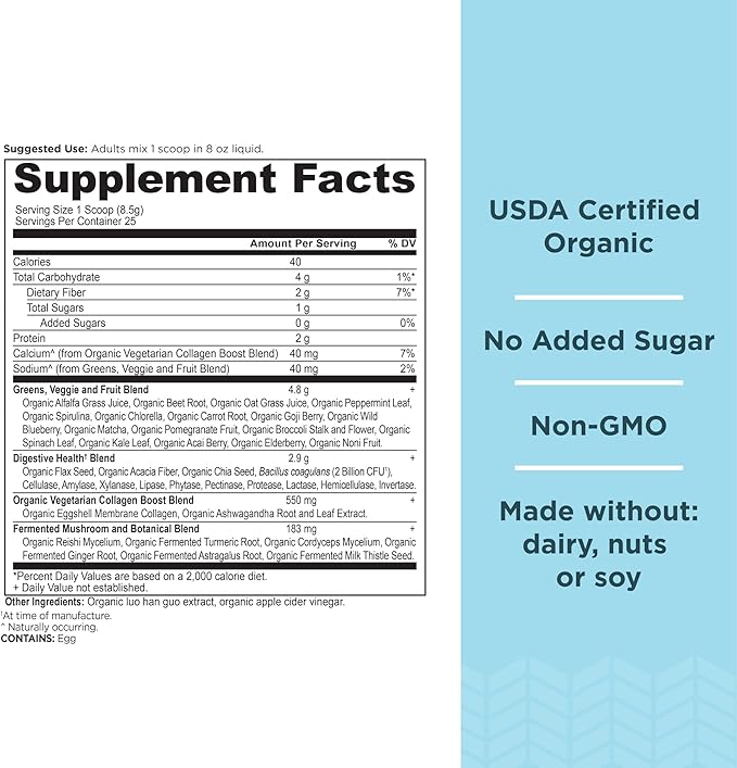 Ancient Nutrition Supergreens Powder, Organic Superfood Powder with Collagen, Made from Real Fruits, Vegetables and Herbs, for Digestive and Energy Support, 25 Servings, 7.5oz