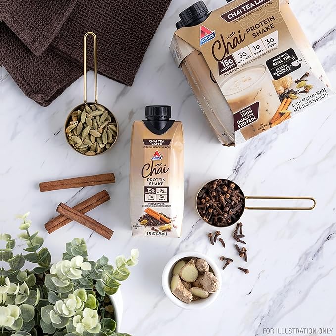 Atkins Chai Tea Latte Flavored Protein Shake, High Protein Shake, Low Glycemic, Low Carb, Low Sugar, Keto Friendly, Gluten Free, 12 count (3 sets of 4)