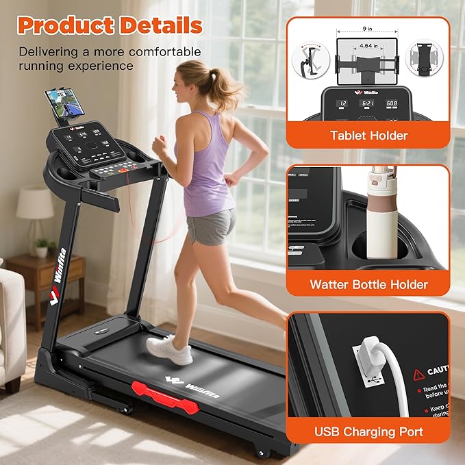 Treadmill with Incline, 300 LBS Capacity, 8 MPH or 10 MPH Speed, Bluetooth, App, Pause Function, Folding Treadmills for Home with 64 Programs, 17'' or 18'' Wide Belt, Heart Rate, BMI Detector