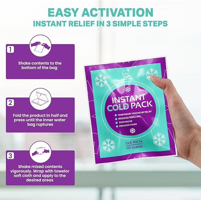 Instant Ice Cold Pack (6” x 5”) - 25 Packs Disposable Instant Ice Packs for Injuries | Cold Compress Ice Pack for Pain Relief, Swelling, First Aid, Toothache, & Outdoor Activities -Subscribe & Save