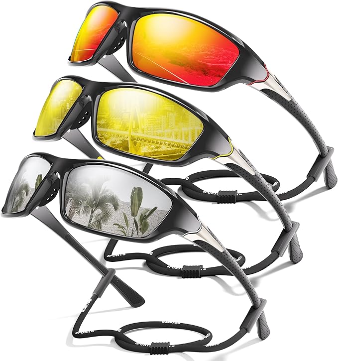 3 Pack Polarized Sports Sunglasses for Men, Mens Sunglasses Wrap Around UV400 Protection for Cycling Fishing Driving