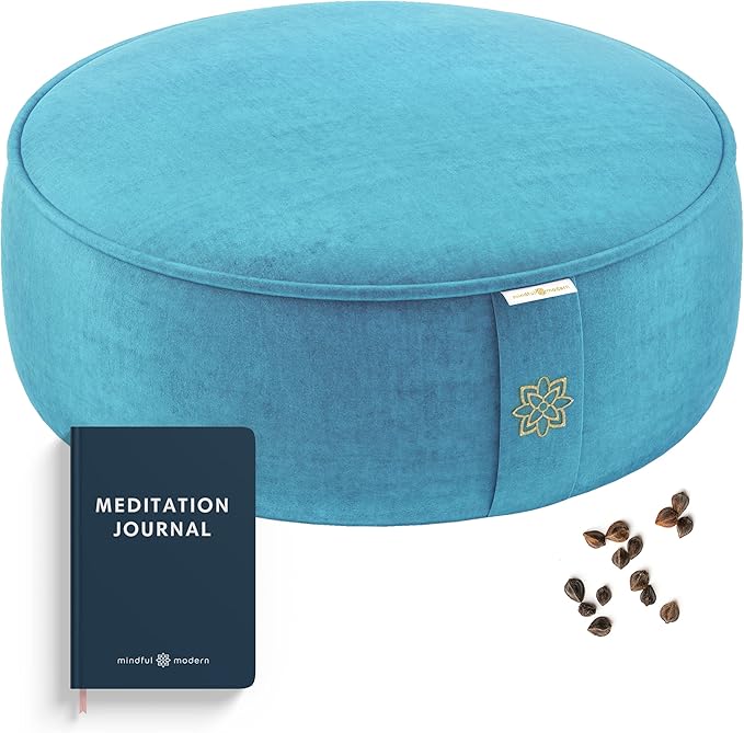 Mindful & Modern Velvet Meditation Cushion | Luxe Zafu Yoga Floor Pillow Seat | Posture Support | Buckwheat Hull Filled | Large Round Cushion with Removable Washable Cover + Carry Handle | Color Teal