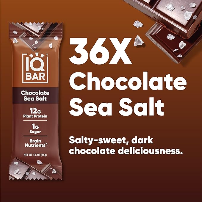 IQBAR Brain and Body Plant Protein Bars - Chocolate Sea Salt - 36-Count Low Carb - Gluten Free, High Fiber, Vegan Snacks - Low Sugar Meal Replacement