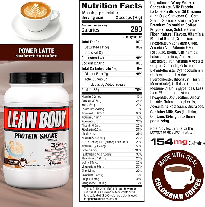Labrada Lean Body MRP with Premium Columbia Coffee (154mg of Caffeine), Power Latte, 2.47LB Tub Packaging May Vary