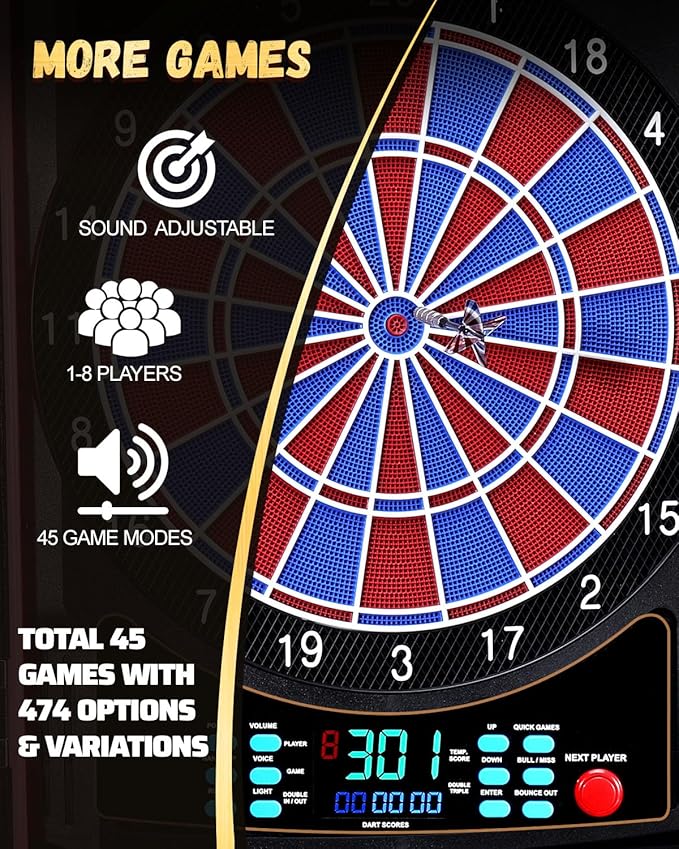 Electronic Dart Board, Electric Dartboard Cabinet Set for Adults [6 Soft Tip Darts] Individual Light Color for Each Player- Wooden Dartboard Cabinet for Family Game [Black]