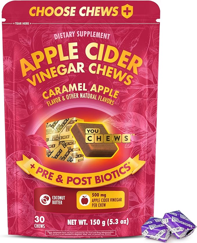 Apple Cider Vinegar Chews Better Than Apple Cider Gummies - Bloating Relief for Women and Men, 500mg Organic ACV with Prebiotics & Postbiotics, Low Sugar, Caramel Flavor, 30 Count