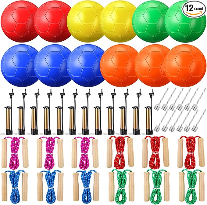 12 Sets Operation Christmas Deflated Soccer Ball Bulk with Pump Jump Rope, Bulk Soccer Balls 7.25 ft Adjustable Skipping Rope Outside Sport Balls