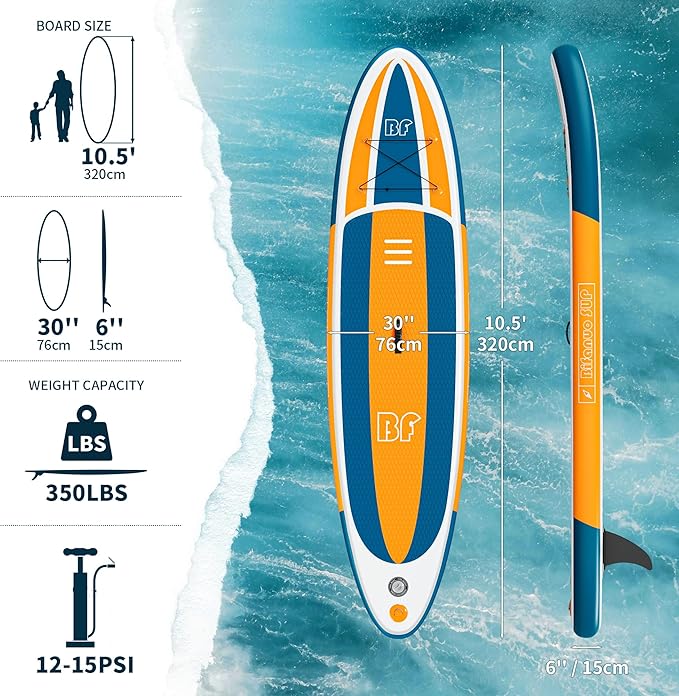 Inflatable Stand Up Paddle Board with SUP Accessories & Backpack. Paddle Boards for Adults. Non-Slip Deck, Wide Stance, Bottom Fin, Double Action Pump.