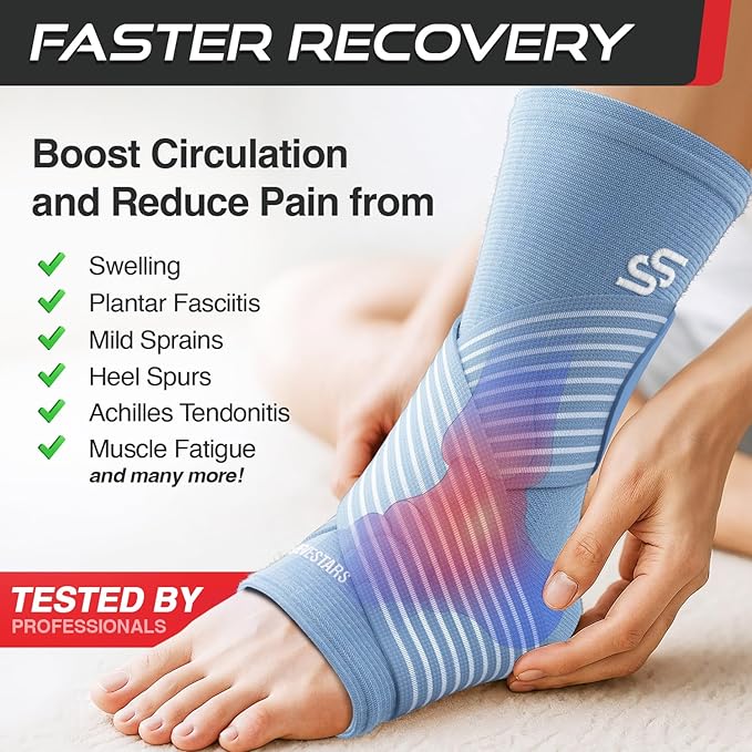 Sleeve Stars Ankle Brace for Women & Men, Ankle Wrap for Sprain, Compression Sleeve for Plantar Fasciitis Relief, Easy Customizable Support: w/ Removable Strap (Pair/M:10"-12"/Light Blue)