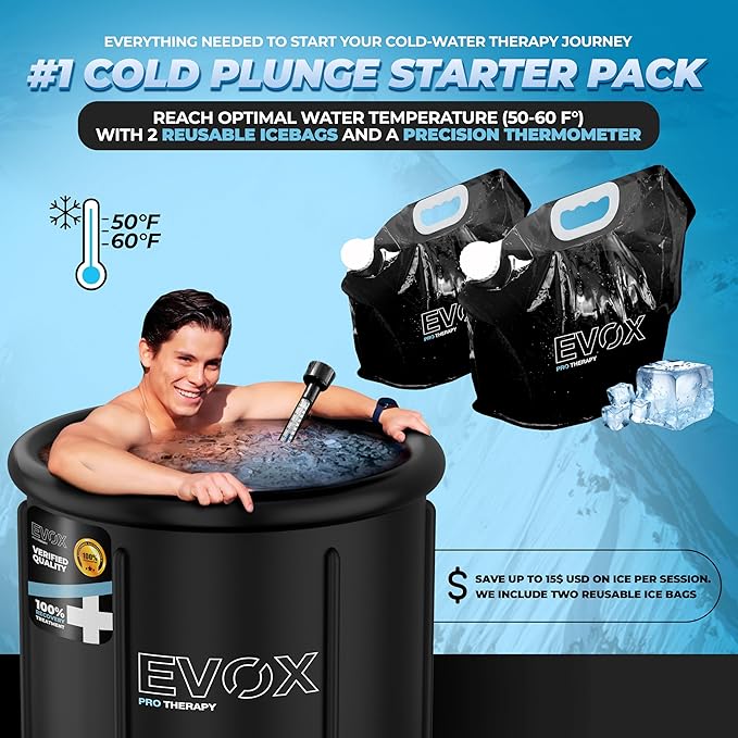 Ice Bath Tub for Athletes – Complete Starter Pack [Cold Plunge Tub, Thermometer, Repair Patch, 2X Reusable Ice Bags] Indoor & Outdoor Inflatable Tub for Recovery – 110 Gal Portable Ice Pod Barrel