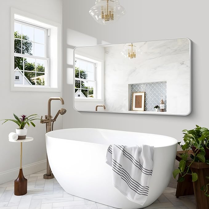 Silver Bathroom Mirror,60x36 inch Wall Mirror for Bathroom Wall Mounted,Rectangle Mirror for Bathroom Over Sink,Modern Frame Round Corner for Living Room,Bedroom Entryway,Horizontal/Vertical