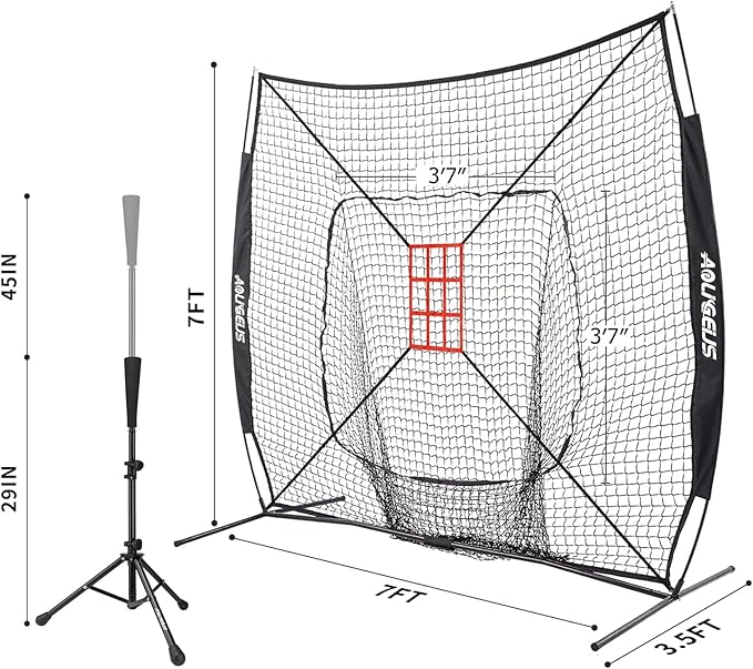 7'X7' Baseball Softball Practice Net,Pitching Net,Batting Net,with Baseball Tee,Bonus Strike Zone and Bow Frame,for Hitting,Pitching, Catching
