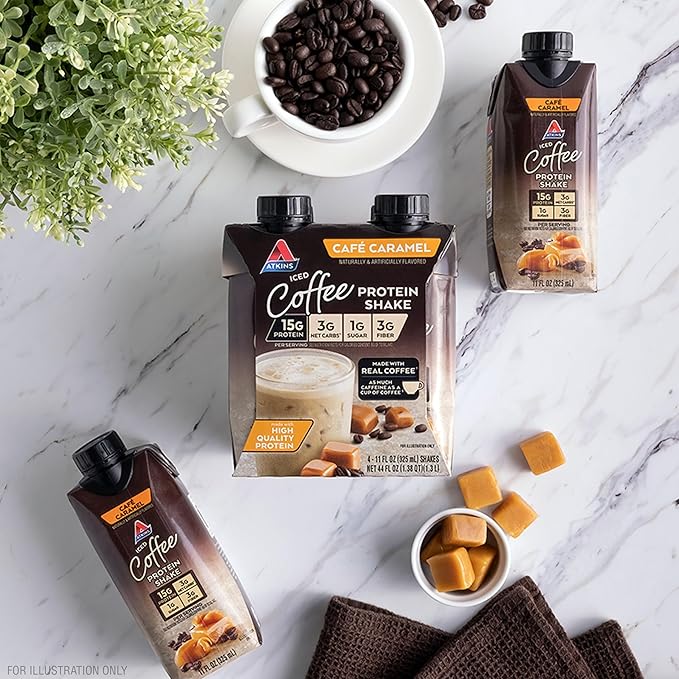 AtkinsCafé Caramel Iced Coffee Protein Shake, 15g Protein, Low Glycemic, 3g Net Carb, 1g Sugar, Keto Friendly (Pack of 2)