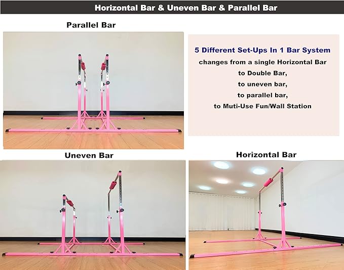 Gymnastics Double Horizontal Bars 3Play Parallel Bars Uneven Bars Gymnastics Training Kip Bar with 304 Stainless Steel Regulating Arms & Fiberglass Rail for Indoor Outdoor Home Club Use