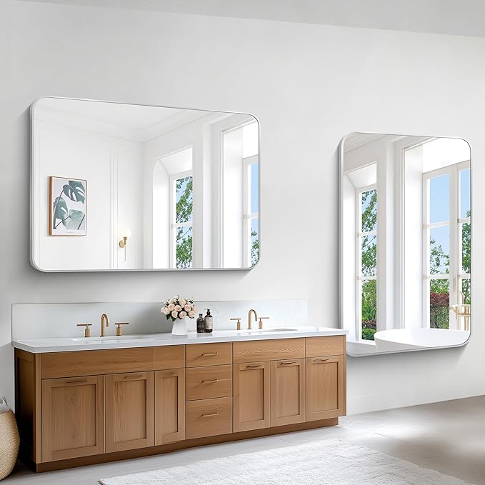 Silver Bathroom Mirror,55x36 inch Wall Mirror for Bathroom Wall Mounted,Rectangle Mirror for Bathroom Over Sink,Modern Frame Round Corner for Living Room,Bedroom Entryway,Horizontal/Vertical