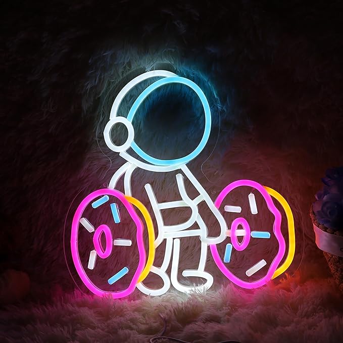 Astronaut Lifting Donut Neon Sign Astronaut Donut Neon Light Astronaut Light Sign Dimmable Bakery LED Neon Light for Club Decor Man Cave Game Room Bar Pub 12.5"×12.7"