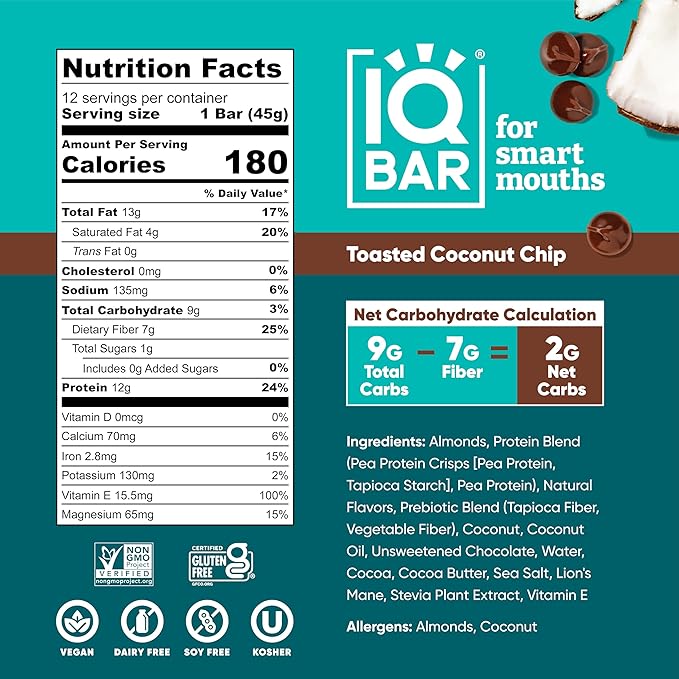 IQBAR Brain and Body Plant Protein Bars - Toasted Coconut Chip - 36-Count Low Carb - Gluten Free, High Fiber, Vegan Snacks - Low Sugar Meal Replacement