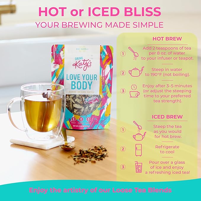 Katy’s Love Your Body Detox Tea | Green Tea, Ginger & Cinnamon | Lightly Caffeinated Herbal Wellness Blend | Crème Brûlée Flavor | Smooth & Comforting | 30+ Cups | Woman-Owned | 2.25oz Pouch