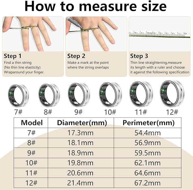 Thin Smart Ring for Fitness & Health Tracking -Pedometer,Sleep/Heart Rate/Blood Oxygen Monitor, Gesture Control / 5ATM Waterproof -No APP Subscription Compatible with Android& iOS (Silver, 8)