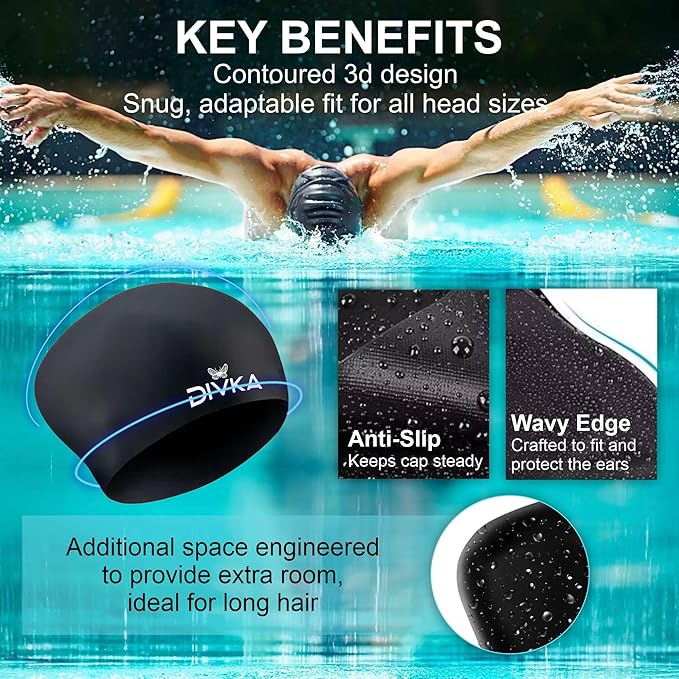2-Pack Premium Quality Silicone Swim Caps for Women, Men, Teens & Adults – Medium Size – Stretchable & Durable, Includes Ear Plugs & Nose Clip, Extra Room for Long Hair, Non-Slip & Waterproof