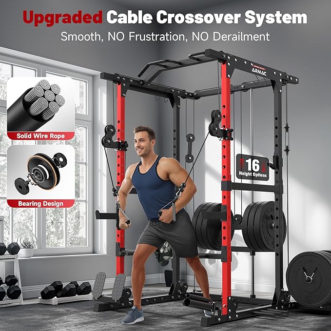 ARMAC Power Cage,1500lbs Multi-Function Power Rack with Adjustable Cable Crossover System and More Training Attachment, Weight Cage for Home Gym