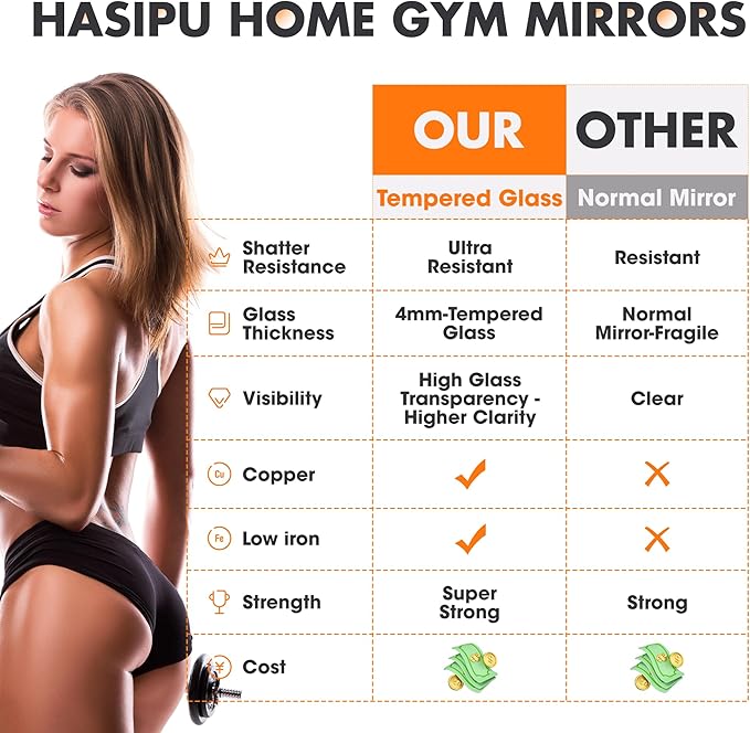 Hasipu Home Gym Mirror 55" L x 17" W - 3PCS Large Full Body Mirror for Yoga, Wall-Mounted Mirrors for Fitness, Garage, Dance Studio, 0.16in Tempered Glass Frameless