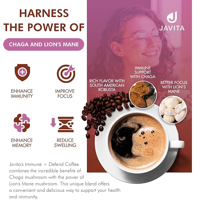 Mushroom Coffee by Javita, Immune & Defend Blend of Chaga, Lion's Mane and Dark Roast Coffee for Morning Boost, Antioxidant Support; Keto-friendly, 4 boxes of 24 (3.5g) Sticks, 96 ct