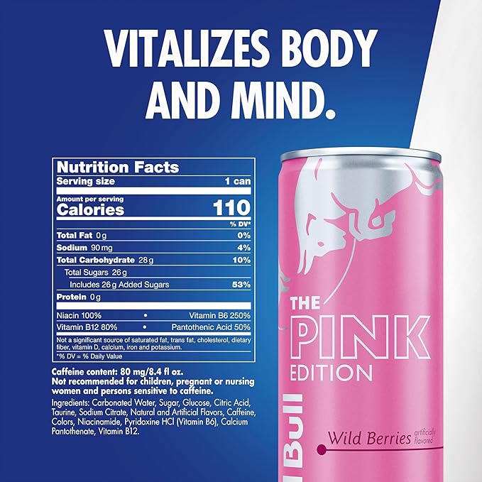 Red Bull Pink Edition Energy Drink, Wild Berries, 8.4 fl. oz., Pack of 4 cans, with 80mg Caffeine, Taurine & B Vitamins