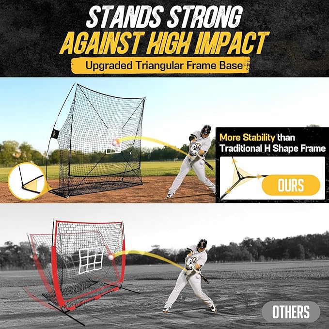 PodiuMax 7x7 Baseball & Softball Net with Upgraded Triangular Base, Large Ball Collection System, Softball Pitching Net with 2 Strike Zone, Baseball Nets for Batting Pitching Fielding