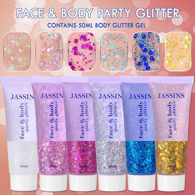 JASSINS 2 Colors Body Glitter, 100ml Face Glitter for Women Girls Kids, Glitter Gel Makeup Tween Gifts, Singer Concerts Festival Rave Accessories, Chunky Mermaid Sequins Glitter