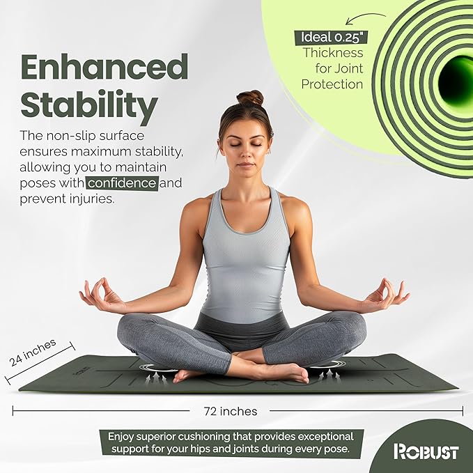 Robust Non-Slip Yoga Mat with Strap, 1/4" Thick TPE Eco-Friendly Workout Mat for Yoga with Position Lines and Texture Surface, Gym Mat for Women, Men, Pilates and Exercises Anti-Tear Sweat-Proof Exercise Mat