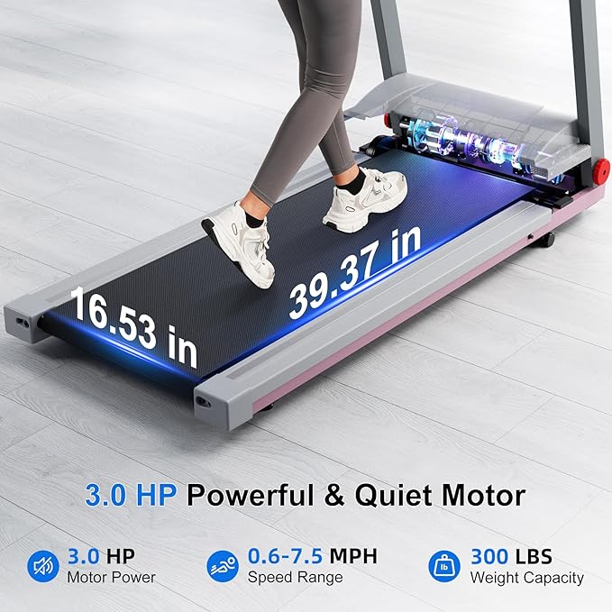 Treadmill with 5% Incline, 300lbs Capacity Folding 15 HP Small Treadmills for Home Portable Running Treadmill with Handles Quiet Brushless Dual Cushion System, Electric Compact Treadmil