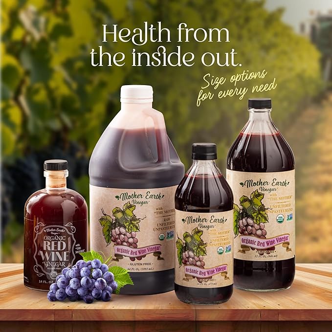 Mother Earth, Organic Red Wine Vinegar with The Mother, Fresh Pressed Organic Cabernet Grapes, ORWV, RWV, Raw, Unpasteurized, Unfiltered (1/32oz Glass Bottle)