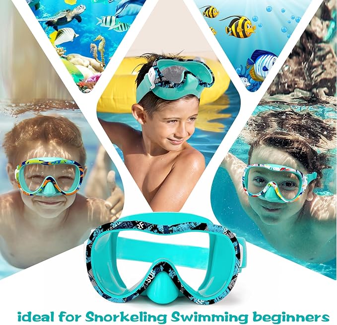 Kids Swim Goggles with Nose Cover, 180° Panoramic Snorkel Mask with Anti-Fog & Anti-Leak Design, Comfort Fabric Strap UV Protection Lens for Boys Girls Ages 3-15