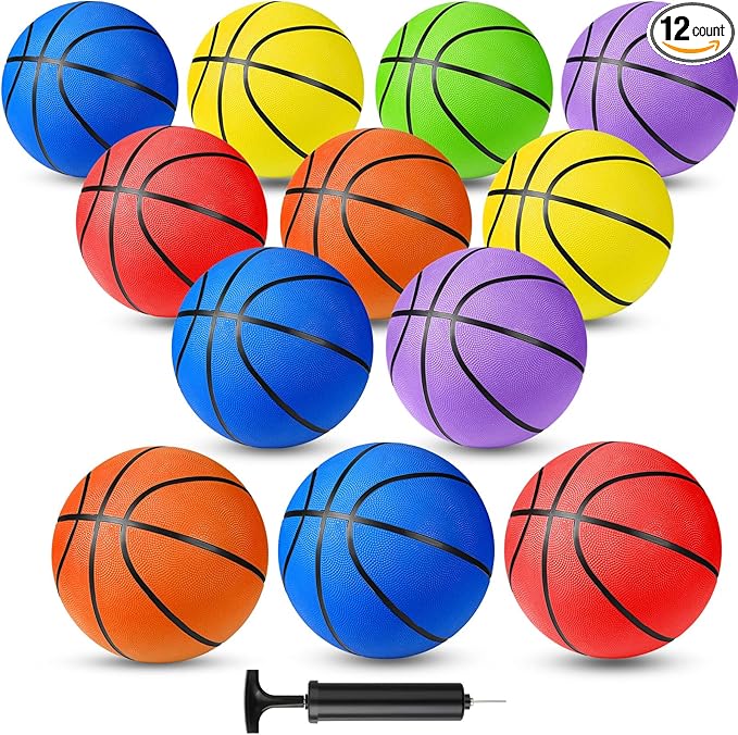 Jerify 12 Pack Official Size Rubber Basketballs for Kids Child Junior Youth Indoor Outdoor Sports Basket Balls with Pump Back to School Student Gifts Operation Christmas Bulk Items